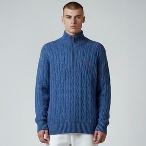 Polo Ralph Lauren Men's Sweater Large Blue 100% Silk Cable Knit 1/4 Zip Pullove